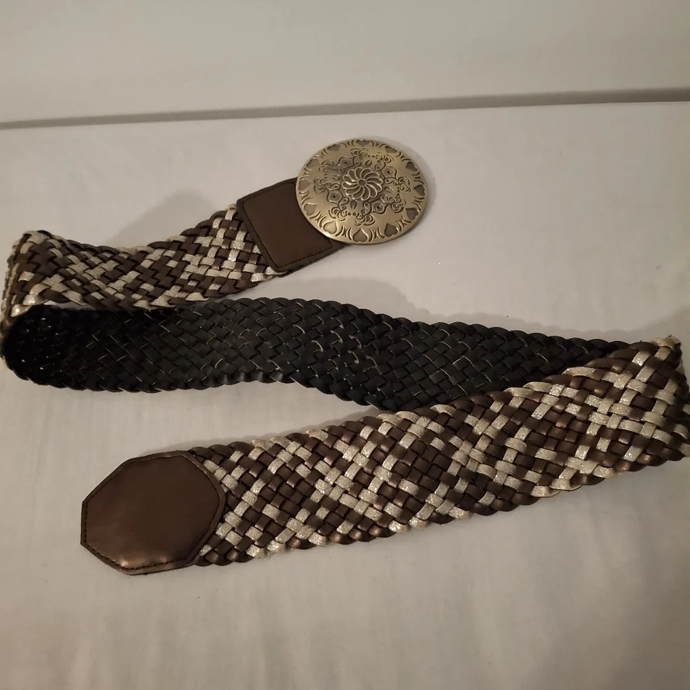 Southwestern Concha Women's Brown And Gold Woven Leather Belt with Gold Buckle